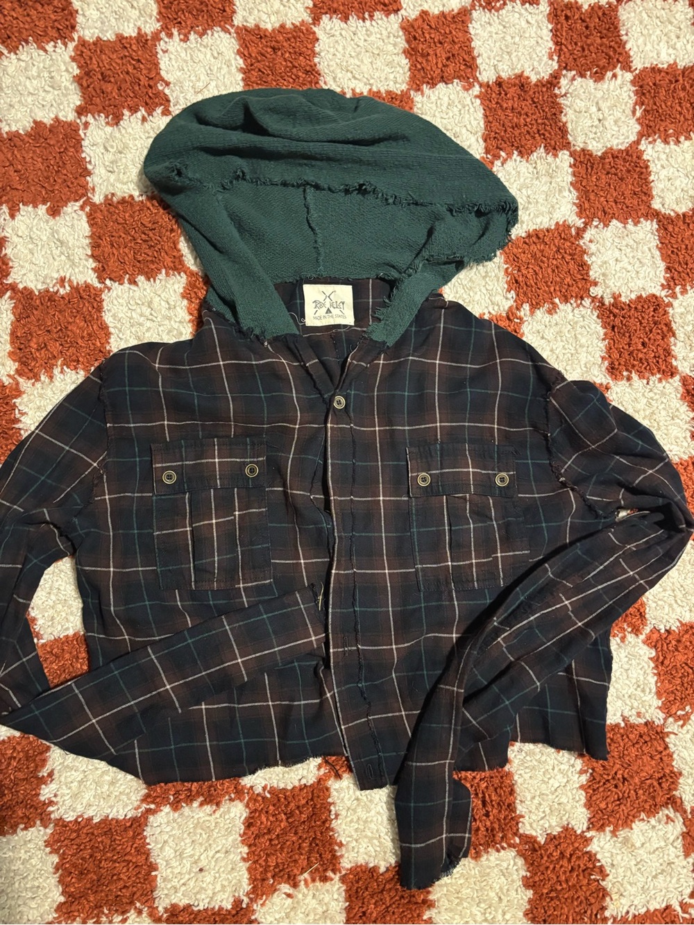 Plaid Hooded Flannel Jacket with Green Hood